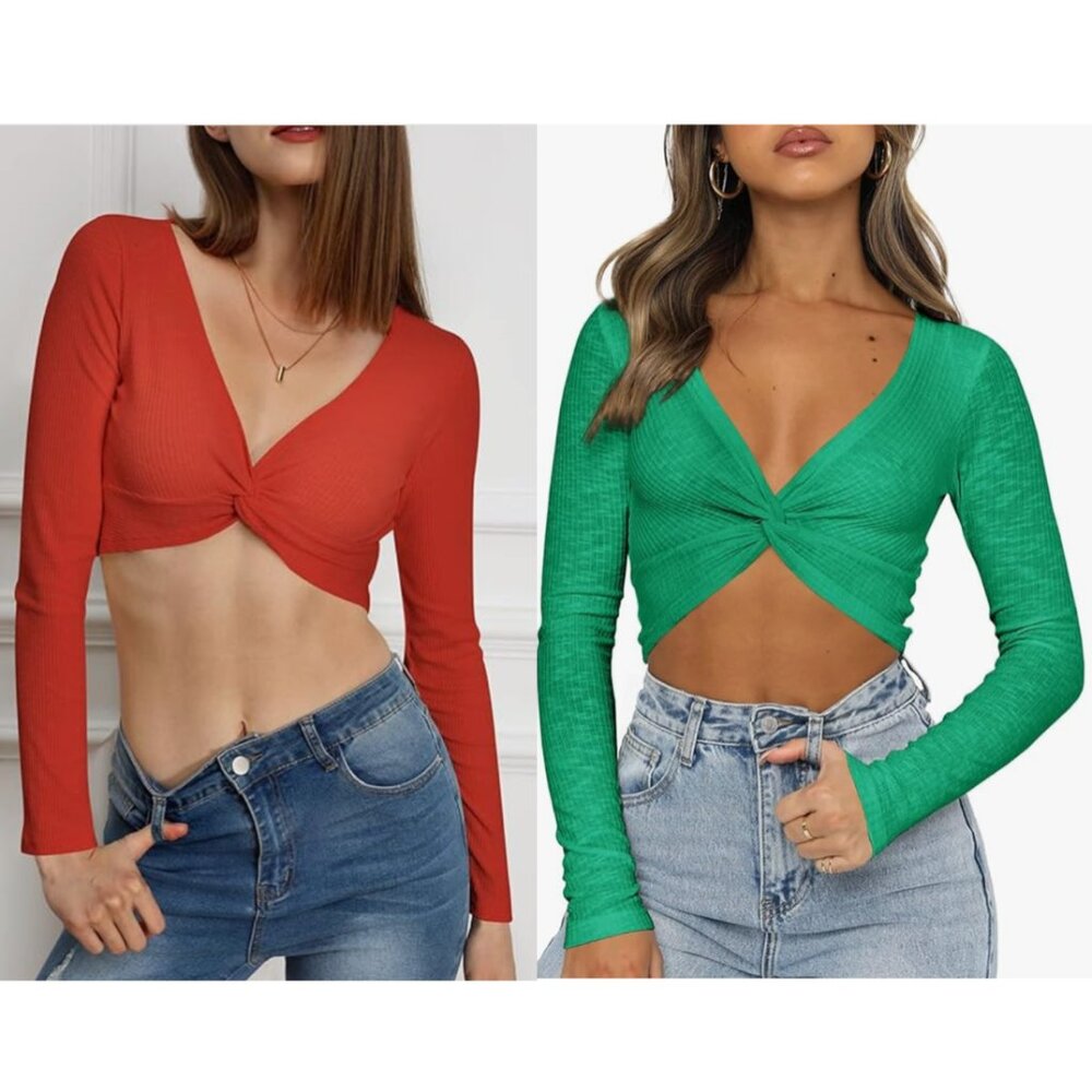 Plunge V Neck Long Sleeve Ribbed Knot Front Crop 2 Top Bundle, Red & Green XS